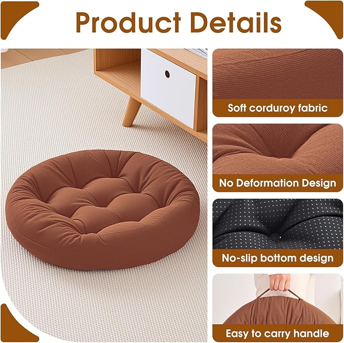 2Pcs Floor Pillows for Adults, 22x22 Inch Meditation Cushions, Large Round Sitting Cushion Living Room Memory Foam Pillow for Sitting (2, Brown, 22x22x4 Inch)
