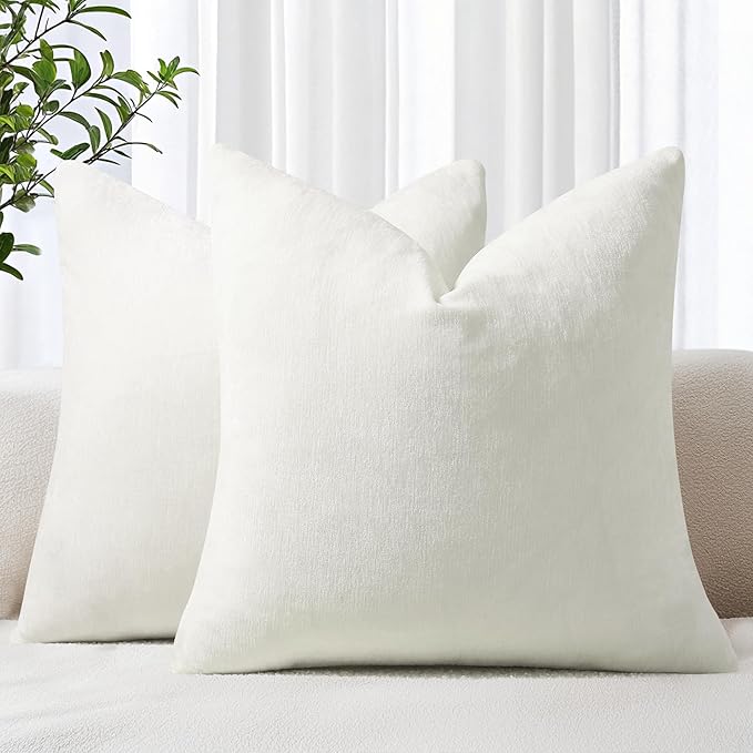 decorUhome Chenille Cream White Spring Euro Sham Throw Pillow Covers 26x26 Inch Set of 2, Decorative Soft Couch Pillow Covers Solid Dyed Accent Farmhouse Neutral Square Pillow Cases for Sofa