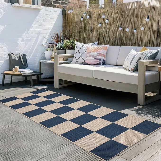 GarveeHome Checkered Easy Jute Runner Rug 2x6 Non-Slip Machine Washable Stain Resistant Indoor Outdoor Rugs for Living Room, Bedroom, Kitchen, Dining, Patio - Farmhouse Style Navy Blue