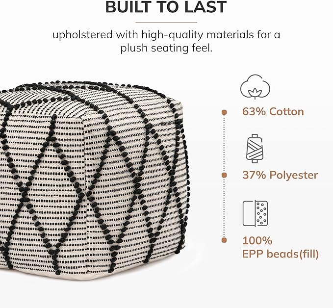 Anji Mountain Pouf Ottoman Foot Rest, Handmade Ottoman Pouf, Comfortable Foot Stool, Decorative Floor Seating for Living Room Decor, Bedroom & Home Décor Accent - Black/White