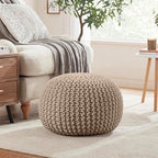 Ornavo Home Pouf Ottoman Foot Rest - 100% Cotton Pouffe - Hand Knitted Cable Braid Cord - Boho Round Stuffed Ottoman for Living Room, Bedroom - Beige