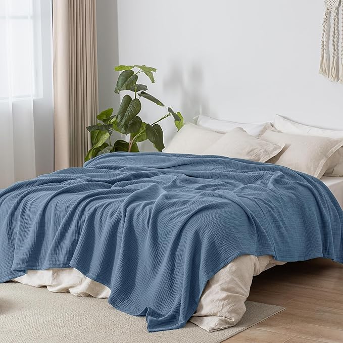 PHF 100% Cotton Muslin Blanket King Size 108"x90", 4-Layer Lightweight Gauze Throw, Breathable Cloud-Soft Minimalist Blanket for Bed, Couch, Camping & Baby, Denim Blue, Ideal Gift