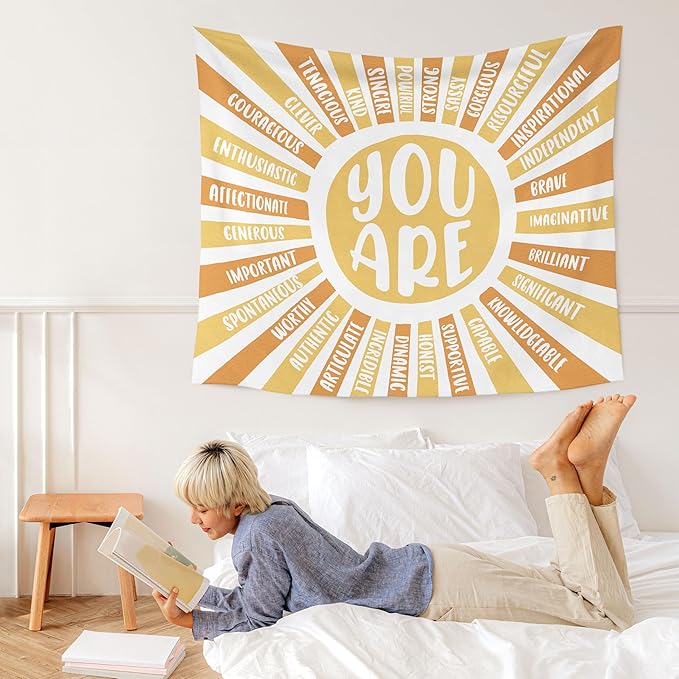 WARDOS Boho Sunshine Tapestry, You Are Inspirational Tapestry Wall Hanging, Colorful Boho Sun Positive Affirmation Wall Blanket Decor for Kids Room Nursery Playroom Classroom, 50x60 Inch (yellow)
