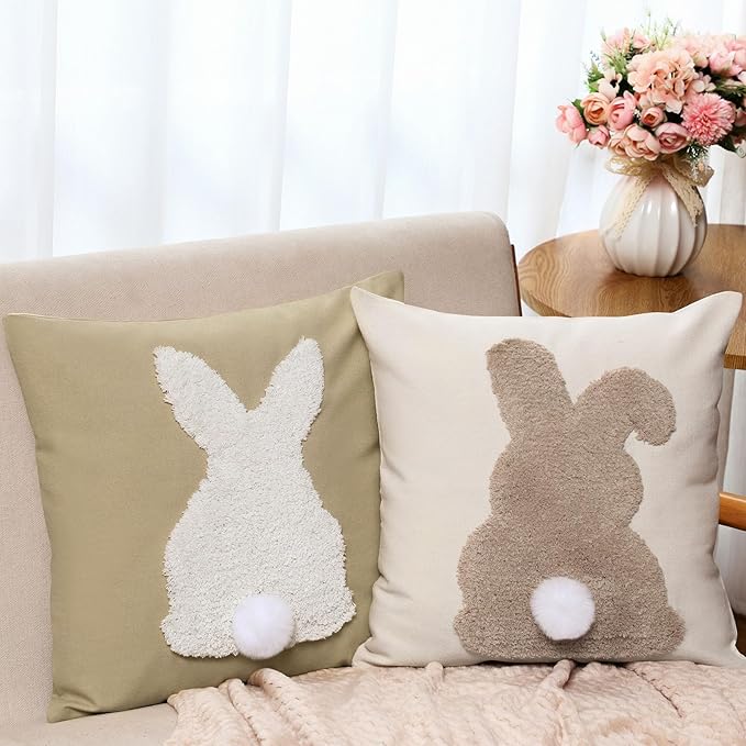 Tufting Easter Pillow Covers 18" x 18" Set of 2 Bunny Pillow Covers 3D Tufted Bunny Rabbit Throw Pillowcase Easter Decorative for Bedroom Sofa Home Decor(Beige,Linen)