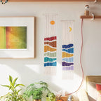 Boho Macrame Wall Hanging Decor Set, 2PCS Southwest Bohemian Handmade Woven Sun&Moon Mountain Geography Tapestry with Long Tassel, Gypsy Rainbow Ornament for Nursery Decoration Girl Christmas Gift
