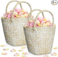 LemonRoad 2 Pcs Flower Girl Basket for Wedding Small Rustic Seagrass Basket with Handle Boho Wedding Flower Storage Farmhouse Decor for Petals Confetti Sweets Gifts 5.12 x 5.51''d (White)