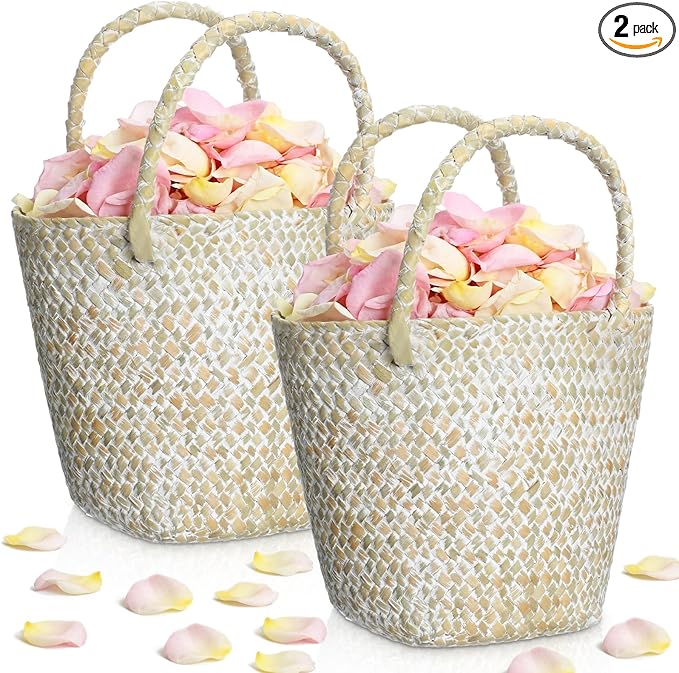 LemonRoad 2 Pcs Flower Girl Basket for Wedding Small Rustic Seagrass Basket with Handle Boho Wedding Flower Storage Farmhouse Decor for Petals Confetti Sweets Gifts 5.12 x 5.51''d (White)