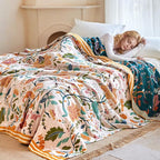 Boho Throw Blanket - 90"x108" 100% Cotton Ultra Soft Lightweight Blanket, 4-Layer Breathable Muslin Spring Blankets for Bed Couch, Reversible Green Floral Printed Bohemian Cotton Quilt