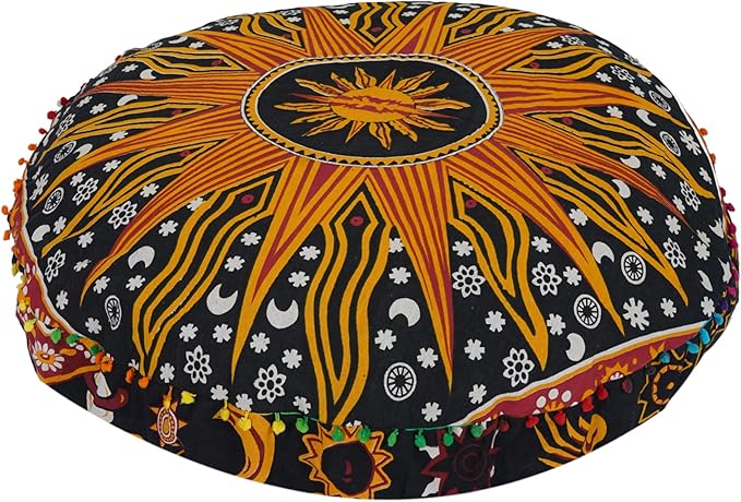 35 X 35 Inch Large Mandala Floor Pillow Cushion Seating Throw Cover Hippie Decorative Bohemian Ottoman Poufs, Multi Pom Pom Pillow Cases,Boho (Yellow Burning Sun, 35X35X6 Round)