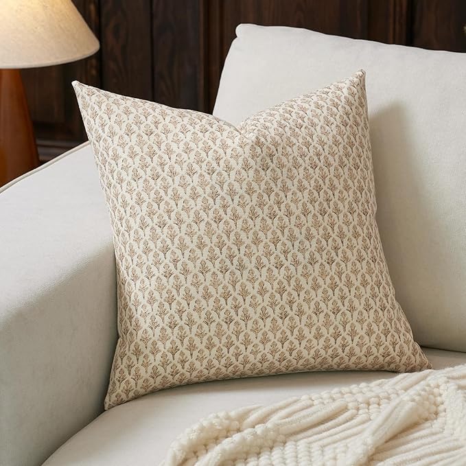 Floral Pillow Covers 18x18 Pillow Cover Block Print Couch Pillows for Living Room Decorative Neutral Accent Throw Pillow Covers, 1PC, Cognac Brown