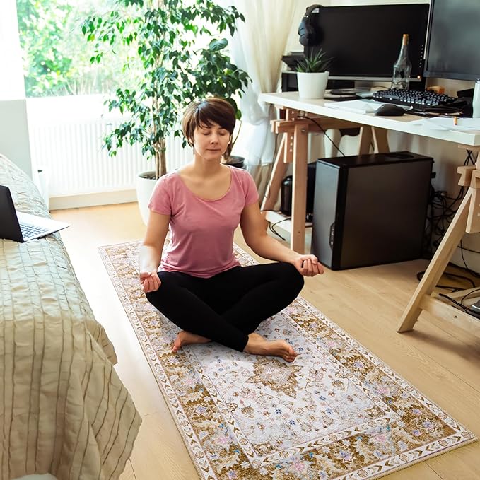 Amearea Vintage Design Runner Rugs for Living Room, 2x6 Machine Washable Floral Collection Traditional Bedroom Rug, Low Pile Cute Kids Room Print Carpet, No Slip Office Kitchen Home Decor, Gold Yellow