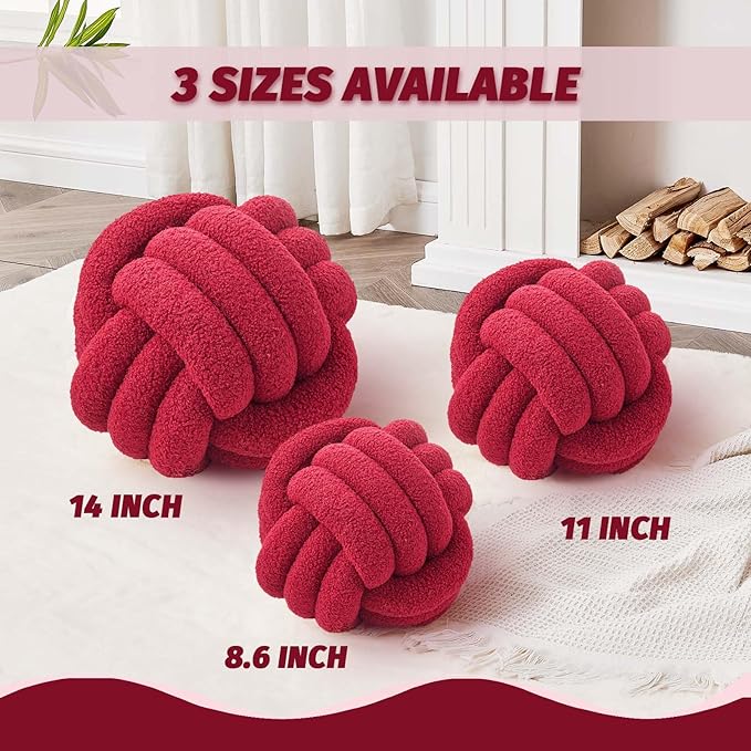 Uvvyui Knot Pillow Ball, Soft Home Decorative Pillows, Round Throw Pillow, Handmade Knotted Plush Pillow, Round Boucle Pillow Cushion (14 Inches Burgundy)