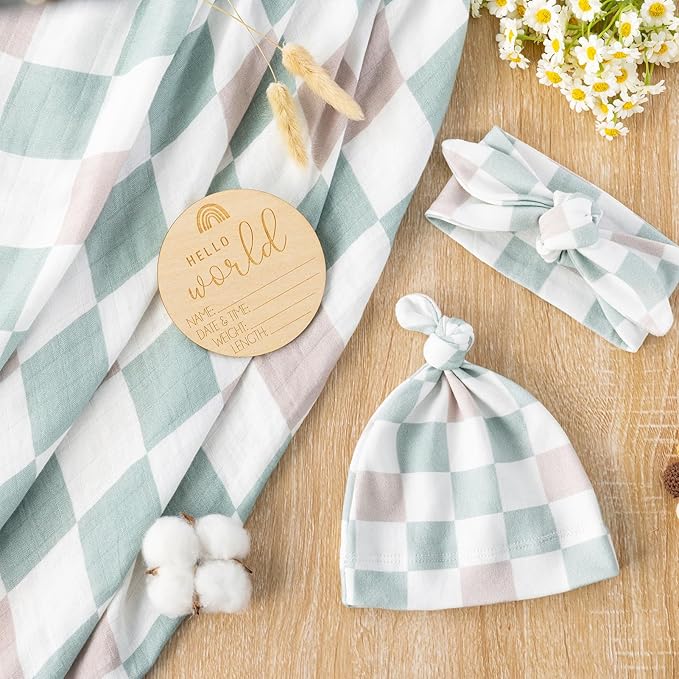 BabyWhale Muslin Swaddle Blanket with Hat and Headband Bow, Checkered Print Swaddle Set for Baby Boys ＆ Girls, Unisex Soft Receiving Blanket Wrap, Green Grey Checkered, 47x47 inches