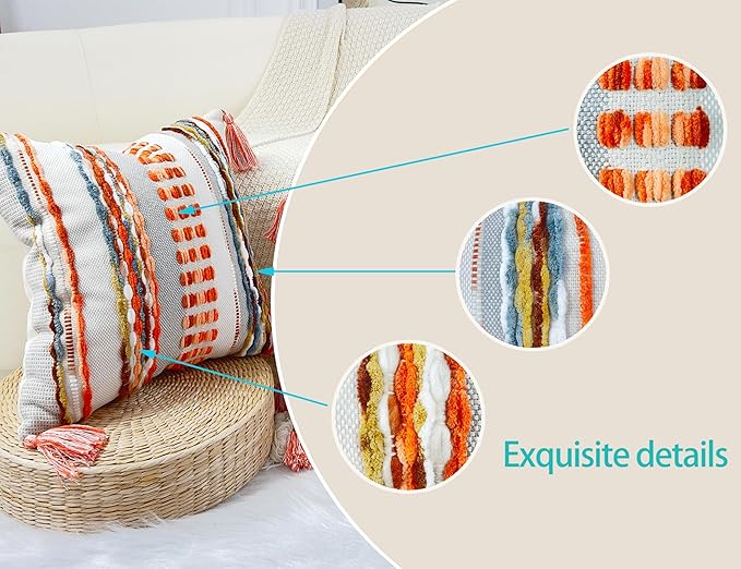 Boho Throw Pillow Covers 16x16 Aesthetic Neutral Boucle Couch Pillow Cover Rainbow Striped Decorative Accent Pillow Case for Couch Bed Sofa Farmhouse Bedroom,Modern Funky,Set of 2 Red