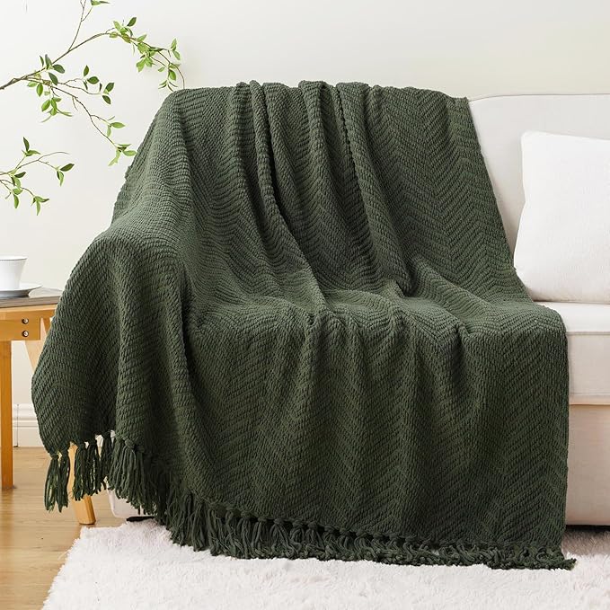 BATTILO HOME Olive Green Chenille Throw Blanket for Bed, Knit Throw Blanket,Super Soft Warm Home Decor Throw Blanket with Tassels for Couch,Sofa and Living Room,50" x 60"