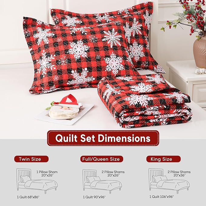 JSD Christmas Quilt Set Full/Queen, Red Buffalo Plaid Snowflakes Bedspreads, 3 Piece Microfiber Coverlet Quilted Blanket with Pillow Shams
