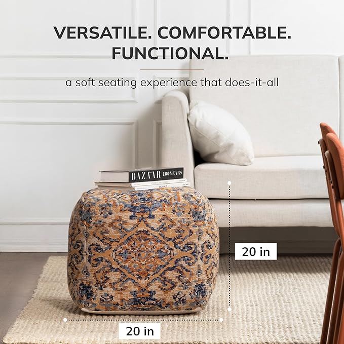 Anji Mountain Pouf Ottoman Foot Rest, Handmade Ottoman Pouf, Comfortable Foot Stool, Decorative Floor Seating for Living Room Decor, Bedroom & Home Décor Accent - Tofino Orange