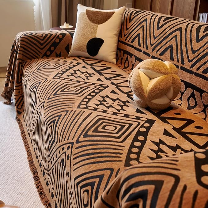 VClife Boho Couch Covers Washable Sofa Cover for Sofa, Luxury Sectional Couch Cover Chenille for 3 Cushion Couch, Anti Slip Pet Sofa Slipcover Dog Couch Cover Throw, Black Pumpkin Geometry, 71"x150"