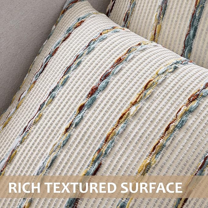 ANRODUO Boho Woven Chenille Pillow Covers 18x18 Inch Set of 2 Soft Textured Decorative Cushion Case with Striped Farmhouse Accent Neutral Pillowcase for Couch Sofa Bed Living Room Decor, Blue Stripe