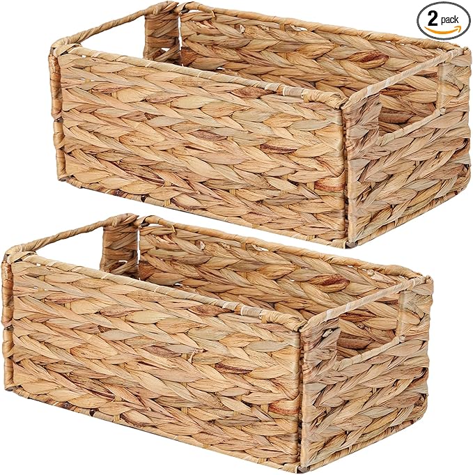 Vagusicc Wicker Storage Basket, Set of 2 Hand-Woven Storage Baskets for Organizing, Small Wicker Basket for Toilet Paper, Foldable Cube Organizer Bins for Shelves and Bathroom (Water Hyacinth)