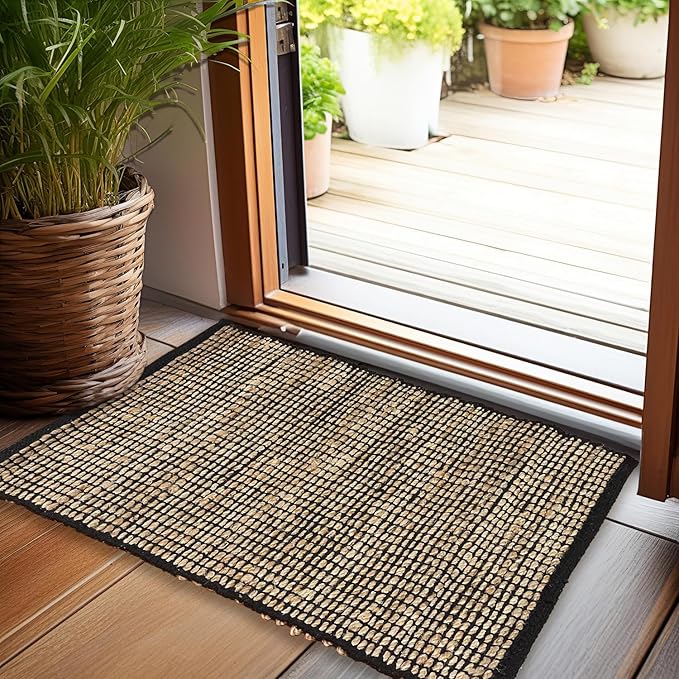 Chardin home 2x3 Jute Cotton Hand Woven Rug | Braided Doormat, Boho, Rustic, Natural Jute/Black | Farmhouse Vintage Area Rugs for Bedroom, Living Room, Kitchen, and entryways