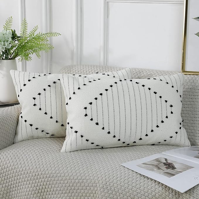 PANOD Set of 2 Boho Tufted Throw Pillow Covers with Tassel 12x20 inch, Decorative Indoor Outdoor Bohemian Lumbar Cushion case Pillowcase for Couch Sofa Livingroom car Farmhouse Black and Cream White