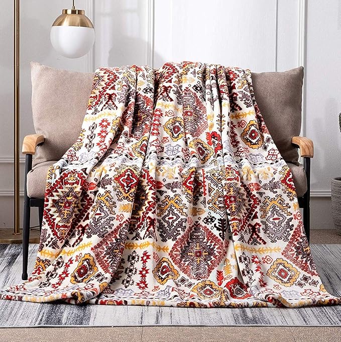 DaDa Bedding Bohemian Southwestern Mink Fleece Throw Blanket - Lightweight Cozy Farmhouse Aztec Havana Geometric Abstract Soft Warm Fall Decor - Yellow & Red - 63" x 90"