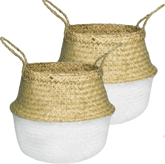 2 PACK LiloCraft Seagrass Plant Basket (Size: 12x11inches, Pattem: White Bottom) - TheMulti Functional Home Decor Storage Solution with Eco-Friendly, Woven Basket Planter Indoor with Handles, Round