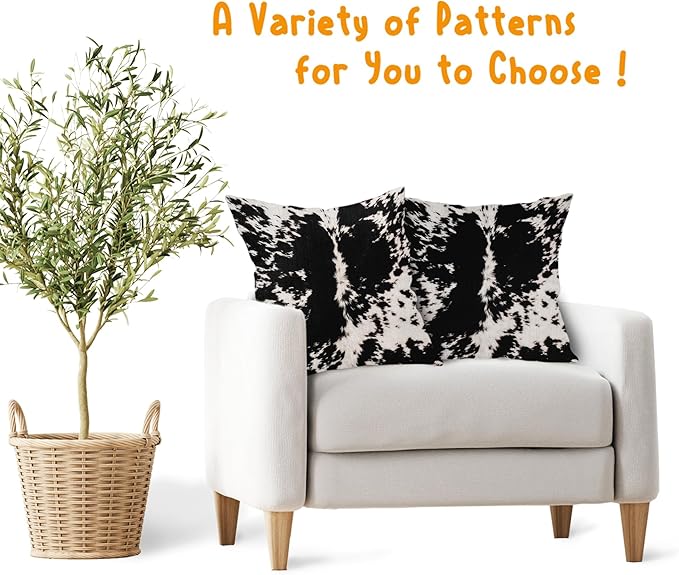 Cowhide Print Pillow Covers 22X22 Inch Black White Cow Spots Decorative Square Pillow Cases Set of 2 Farmhouse Western Home Decor Cotton Linen Throw Pillows For Bedroom Sofa Couch Porch Outdoor