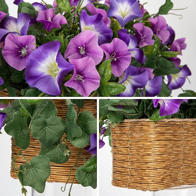 Briful Fake Floral Centerpieces for Tables Artificial Potted Morning Glory Silk Flowers with Woven Rattan Basket Faux Flower Arrangement for Home Office Room Shelf Kitchen Decor(Lavender Purple)