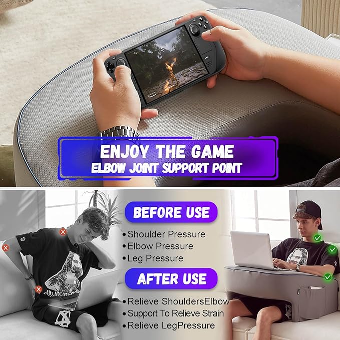 Reading Pillow with Armrests – Extra Large Memory Foam Gaming Pillow for Adult, Lap Desk for Laptop, Arm Rest for Working, Crocheting, Playing Game or Siting in Bed, Floor, Sofa, (Grey)