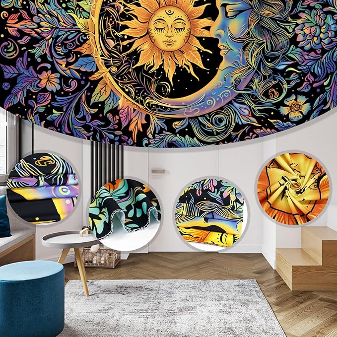Sun and Moon Tapestry Psychedelic Mystic Floral Tapestry Hippie Boho Flower Plants Wall Tapestries Vintage Aesthetic Tapestries Wall Hanging for Bedroom