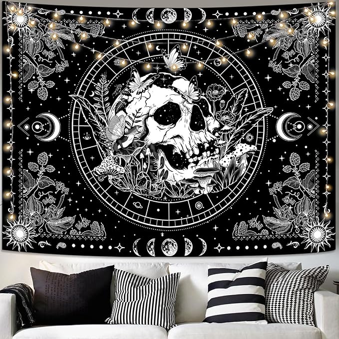 Aipon Black and White Skeleton Tapestry Bedroom Skull Mushroom Tapestries Hippie Nature Plants Floral Flower Aesthetic Tapestry Wall Hanging for Living Room Dorm (Black, 90'' × 68'')
