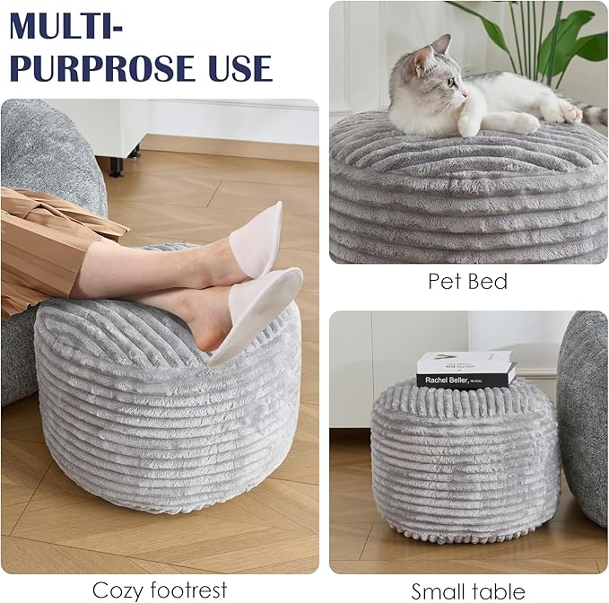 Round Pouf Ottoman,Corduroy Poufs with Memory Foam Filling for Foot Rest,Soft Footstool for Living Room,Office,20"x 15",Light Grey