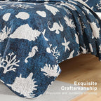 HORIMOTE HOME Coastal Quilt Bedding Set King Size, Reversible Navy Summer Beach Quilt Lightweight Ocean Nautical Comforter Tropical Bedspread Coverlet with 2 Pillow Shams for All Seasons (106"x96")