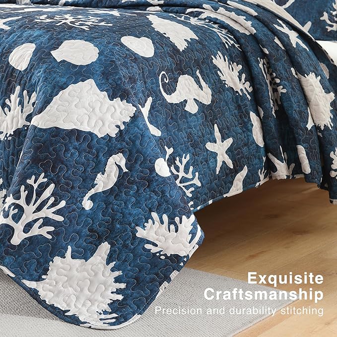 HORIMOTE HOME Coastal Quilt Bedding Set King Size, Reversible Navy Summer Beach Quilt Lightweight Ocean Nautical Comforter Tropical Bedspread Coverlet with 2 Pillow Shams for All Seasons (106"x96")