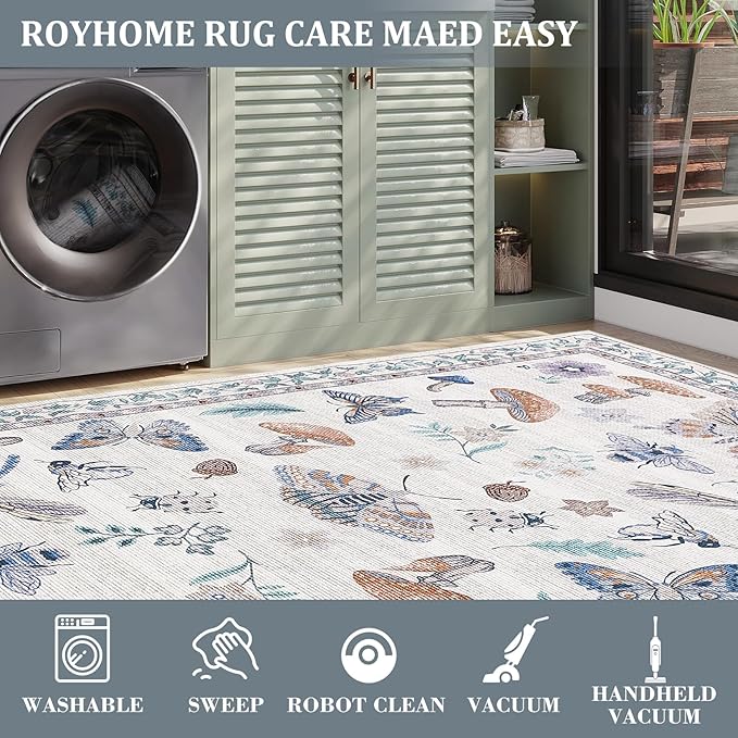 Mushroom Insect Rug 2x6 Runners for Hallways, Boho Kitchen Rugs Non Slip Bath, Modern Washable Runner Rug for Bedroom, Soft Long Rugs for Entryway Bathroom Laundry Dorm, Beige