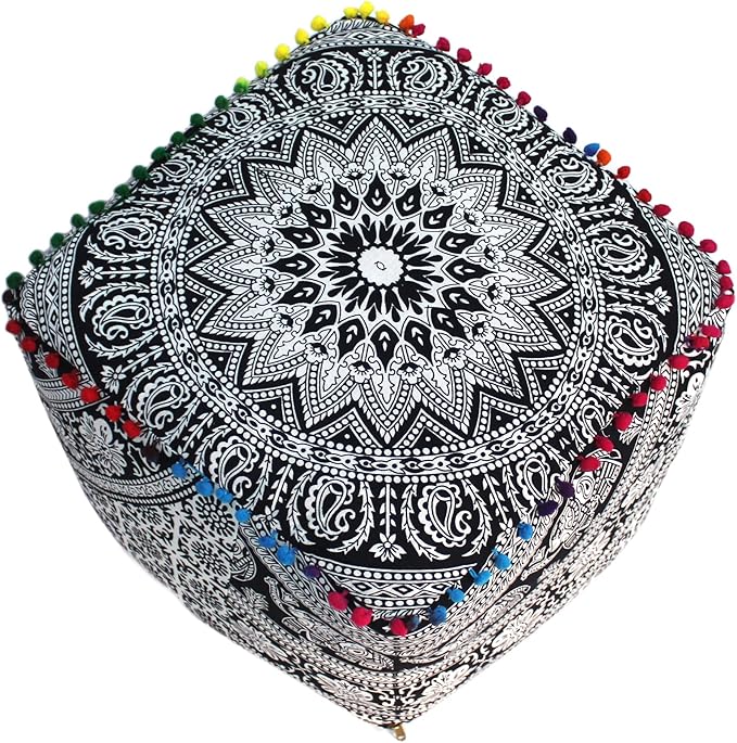 CRAFT KALA Square Mandala Floor Pillow Cushion Cover Seating Throw Cover Hippie Decorative Bohemian Ottoman Poufs Cover Pillow Cases Cotton Living Room Home Décor 22X22X14 inch, Black White Elephant