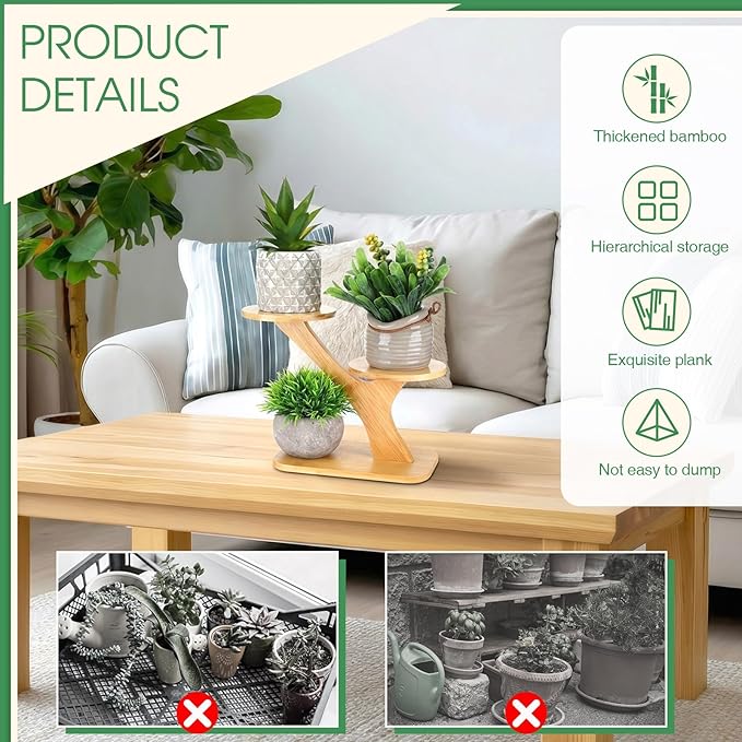4 Pcs Bamboo Plant Stand for Indoor 3 Tiers Succulent Windowsill Shelf Small Tabletop Plant Flower Holders for Home Garden Patio Lover Gift Office Living Room Bedroom Decoration