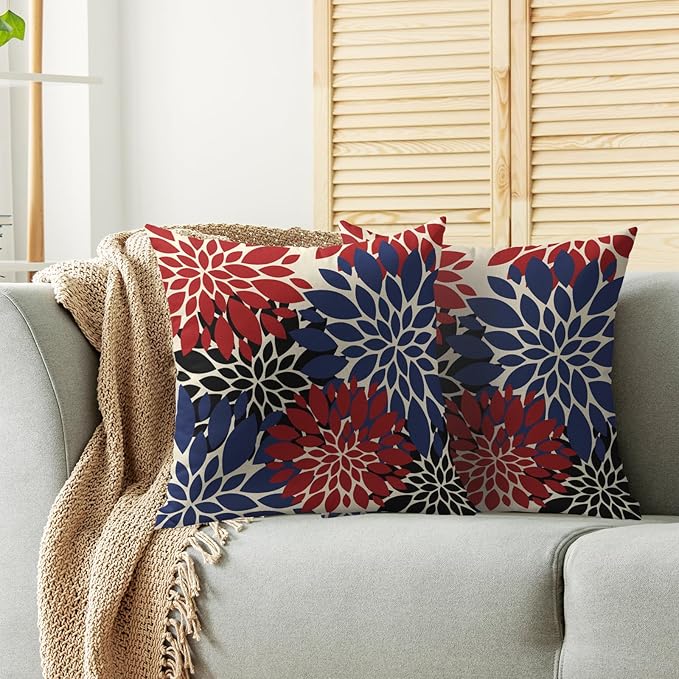 4th of July Pillow Covers 16X16 Inch Set of 2, Blue Red Black Modern Dahlia Floral Print Holiday Decorative Throw Pillow Covers Outdoor Farmhouse Cushion Case for Couch Sofa Bed Decor