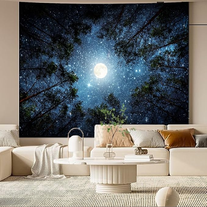 Extra Large Galaxy Forest Tapestry for Bedroom Ceiling, Big Space Night Starry Sky Blue Tapestry Aesthetic, Oversized Milky Way Moon Stars Backdrop Wall Hanging for Dorm Living Room Decor (98"X118")