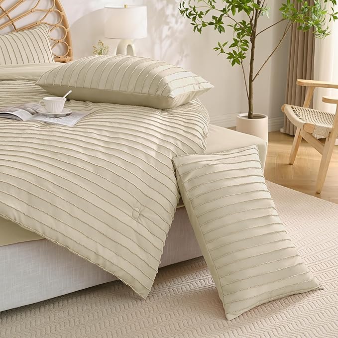 JELLYMONI Pillowcases King Size Light Sand 2 Pack Boho Striped Bed Pillow Covers 20x36in Polyester Envelope Pillow Shams Tufted Bohemian Textured (Pillows are not Included)