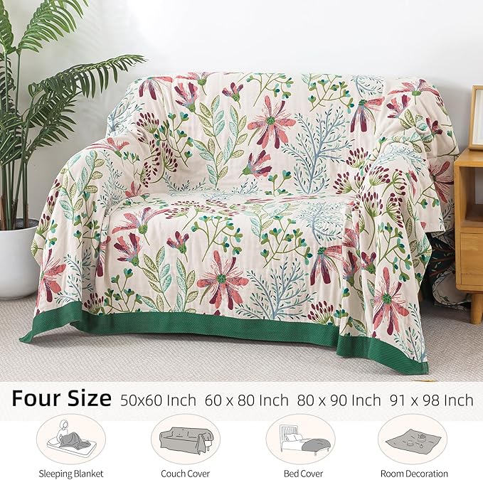 Boho Throw Blanket for Bed - 100% Pure Cotton Ultra Soft Rustic Quilt - Farmhouse Decor Bed Blankets, All Season Rustic Throw for Sofa Couch Chair(60"×80", Boho Floral)