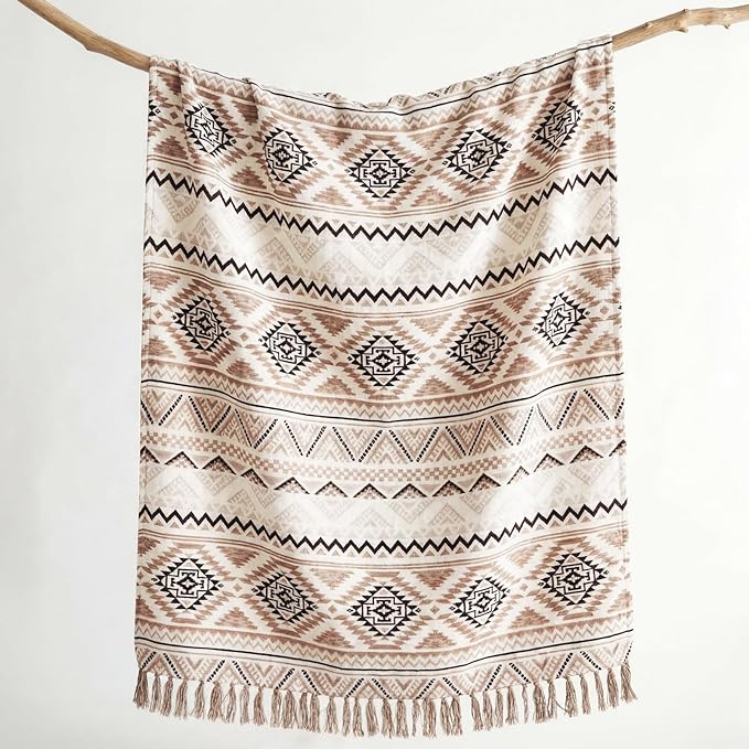 CASAAGUSTO Boho Throw Blanket - Brown White Decorative Blankets with Tassel, Printed Flannel Bohemian Blanket for Chair, Bed, Sofa, Couch(50 * 60, Brown White)
