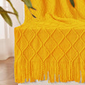 inhand Knitted Fall Throw Blanket for Couch and Bed, Knit Fall Decor Halloween Blanket with Tassel, Mustard Yellow Lightweight Decorative Farmhouse Warm Woven Blankets and Throws for Women, 60"x80"