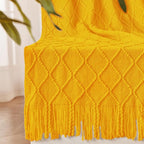 inhand Knitted Fall Throw Blanket for Couch and Bed, Knit Fall Decor Halloween Blanket with Tassel, Mustard Yellow Lightweight Decorative Farmhouse Warm Woven Blankets and Throws for Women, 60"x80"