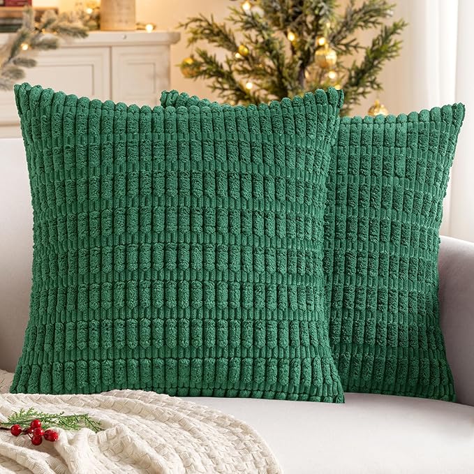 MIULEE Pack of 2 Green Corduroy Decorative Pillow Covers 20x20 Inch Soft Boho Striped Throw Pillow Covers Modern Farmhouse Home Decor for Sofa Living Room Couch Bed