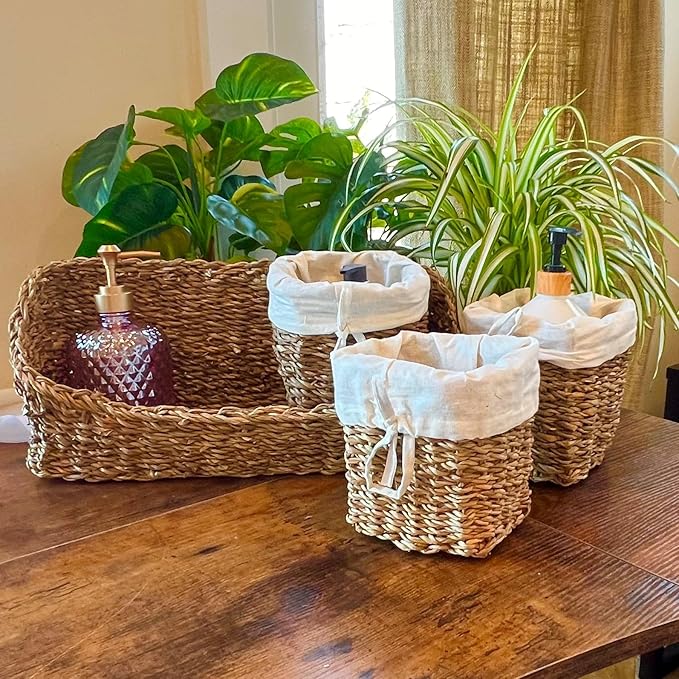 Organizer Basket Set, Set of 4, Includes 3 Lined Removable Bin-Baskets, One Caddy-Utility Basket, Handmade, Sea Grass, Cotton, Bow Ties, Honey Color, 15.75 Inches