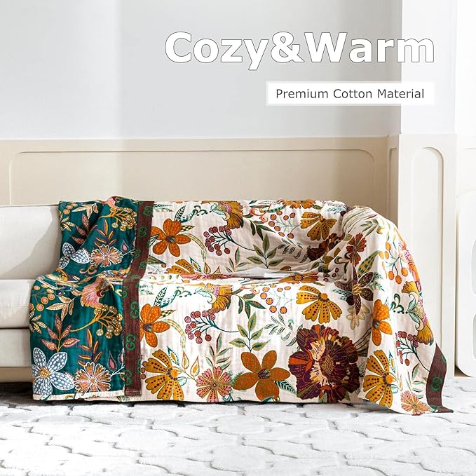 Boho Throw Blanket for Bed 100% Cotton Soft Breathable Quilt Floral Leaves Embroidery Home Decor Reversible Bed Spring Blankets,60"x80" All Season Twin Blankets for Sofa Couch Chair
