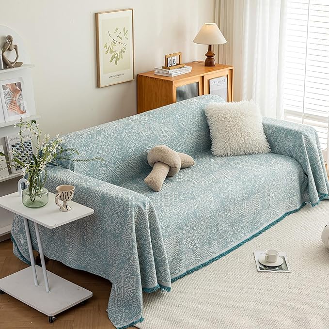 ROOMLIFE Blue Couch Cover Boho Sofa Covers for 3 Cushion Couch Washable, Furniture Protector Sofa Couch Cover for Dogs, Soft Breathable Sofa Slipcover, Couch Throw Blankets with Tassels 71''X150''